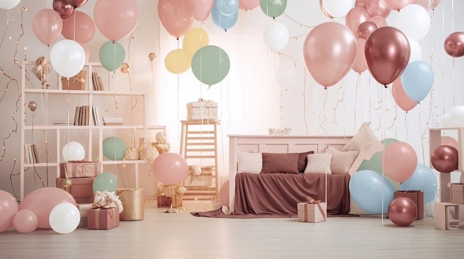 Blush and cream balloon arch with a draped backdrop at a styled celebration